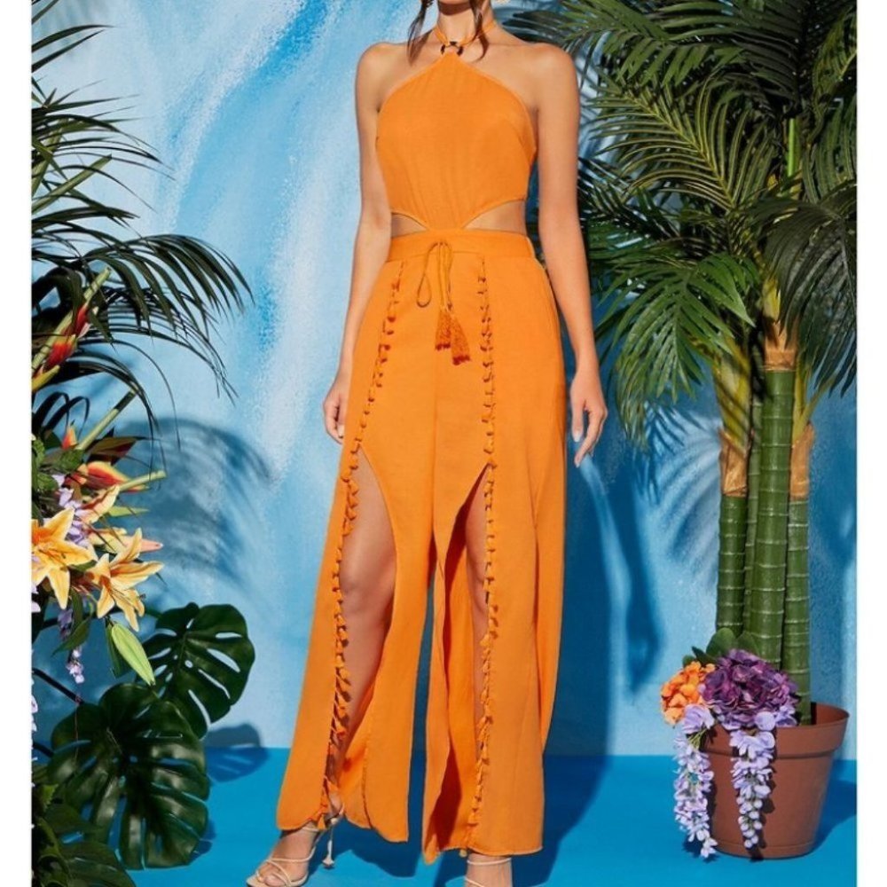 Orange Halter Backless knot tassel Jumpsuit - Picture 7 of 7